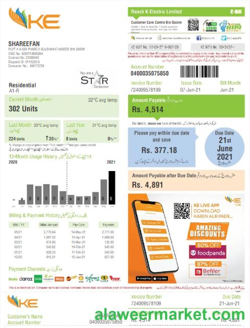 PAKISTAN K-ELECTRIC LIMITED utility bill Word and PDF template